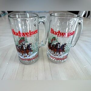 Vintage 1989 Budweiser Clydesdale Holiday Glass Beer Steins – 12oz - Set of 2